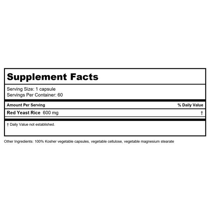 Lasante Red Yeast Rice 600mg 60 Vcaps - Supplement Facts panel
