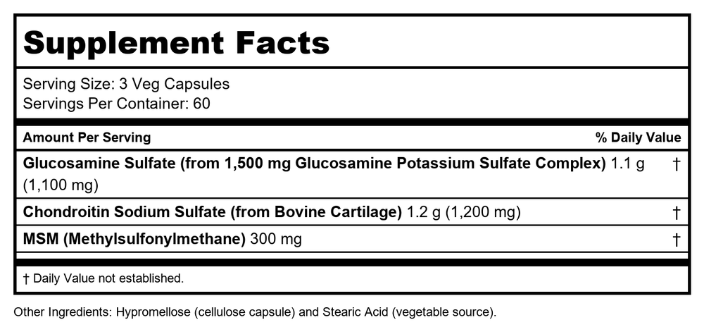 Protocol For Life Balance Glucosamine & Chondroitin with MSM 180 Capsules - P3172 - Supplement Facts panel