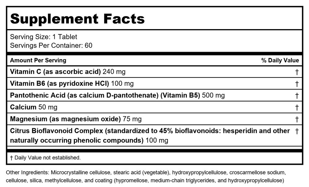 Metagenics Cortico-B5B6 60 Tablets - Supplement Facts panel