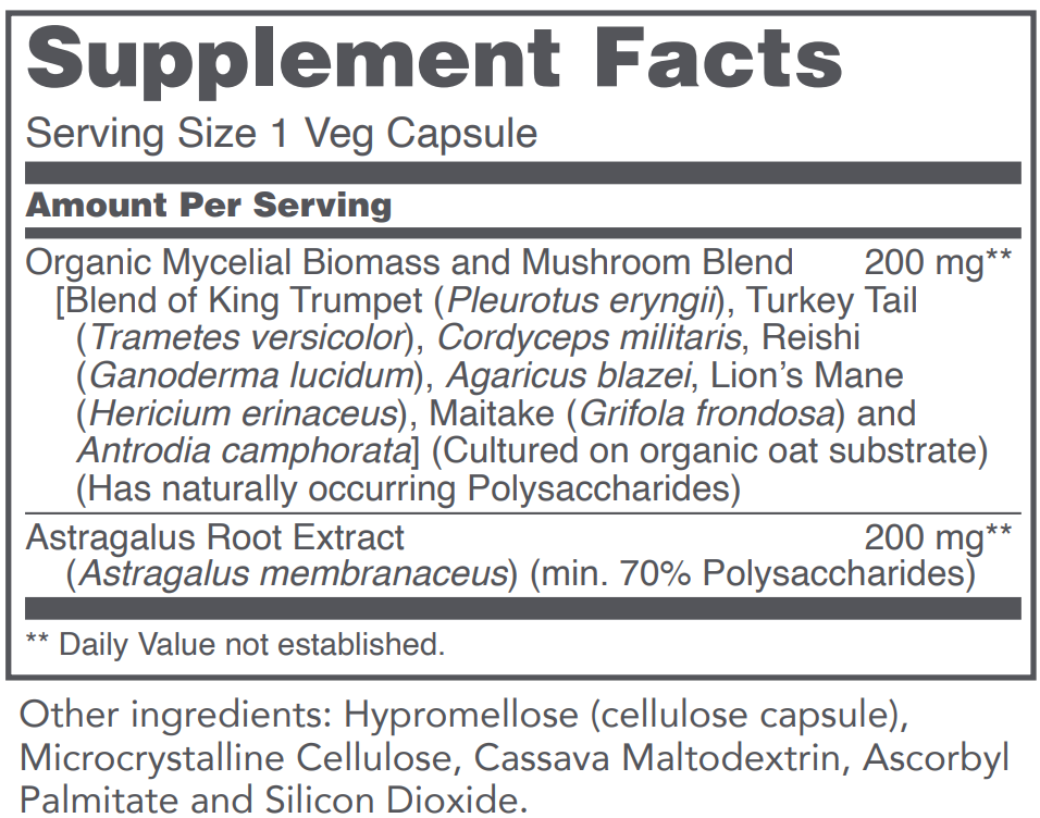 Protocol For Life Balance Mycel Immune Plus 90 Capsules - Supplement Facts panel