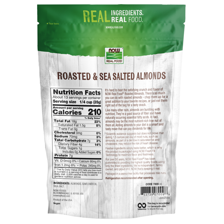 Now Real Food Almonds Roasted With Sea Salt 1 Pound - 7009 - - Supplement Facts panel