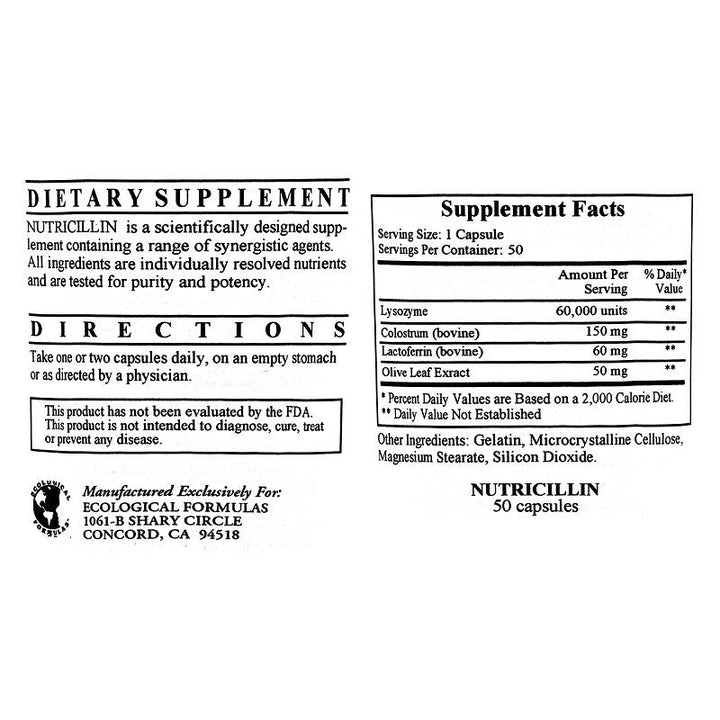 Ecological Formulas Nutricillin 50 Capsules - Supplement Facts / Ingredients panel