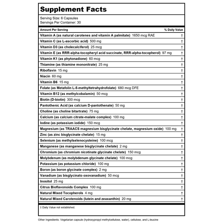 Klaire Labs VitaSpectrum Capsule Form 180 Vcaps - Supplement Facts panel