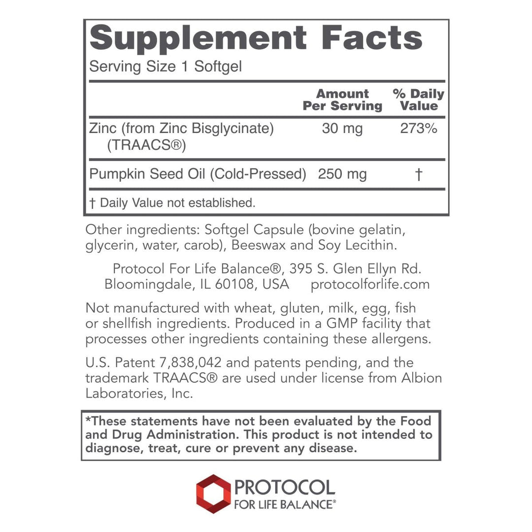 Protocol Zinc Glycinate 30mg - with Albion Traacs Zinc - Zinc Glycinate Supplement - Immune System Support* - Keto Friendly &amp; Dairy Free - 120 Softgels - Supplement Facts panel