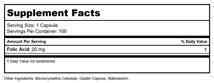 BioTech Folic Acid 20mg 100 Capsules - Supplement Facts panel