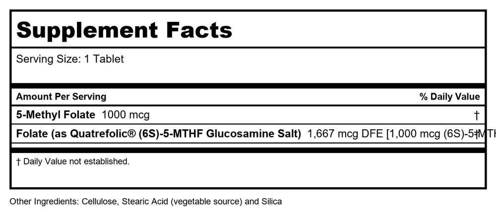 Protocol for Life Balance 5-Methyl Folate 1,000 Mcg 90 Tablets - P0491 - Supplement Facts panel