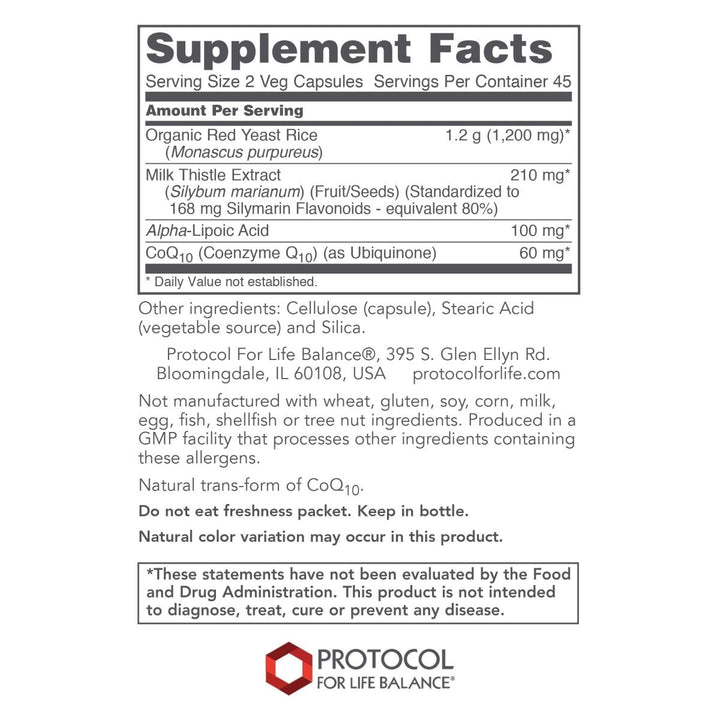 Protocol for Life Balance Red Yeast Rice Plus 600mg 90 Vcaps - P3321 - Supplement Facts panel