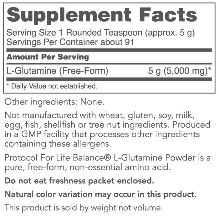 Protocol for Life Balance L-Glutamine 5000mg Powder 1 Lb - P0221 - Supplement Facts panel