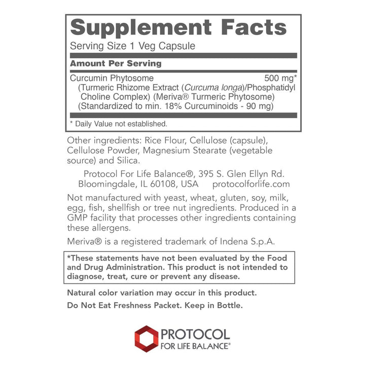 Protocol For Life Balance Curcumin Phytosome Bio-Enhanced Turmeric Extract 60 Vcaps - P4642 - Supplement Facts panel