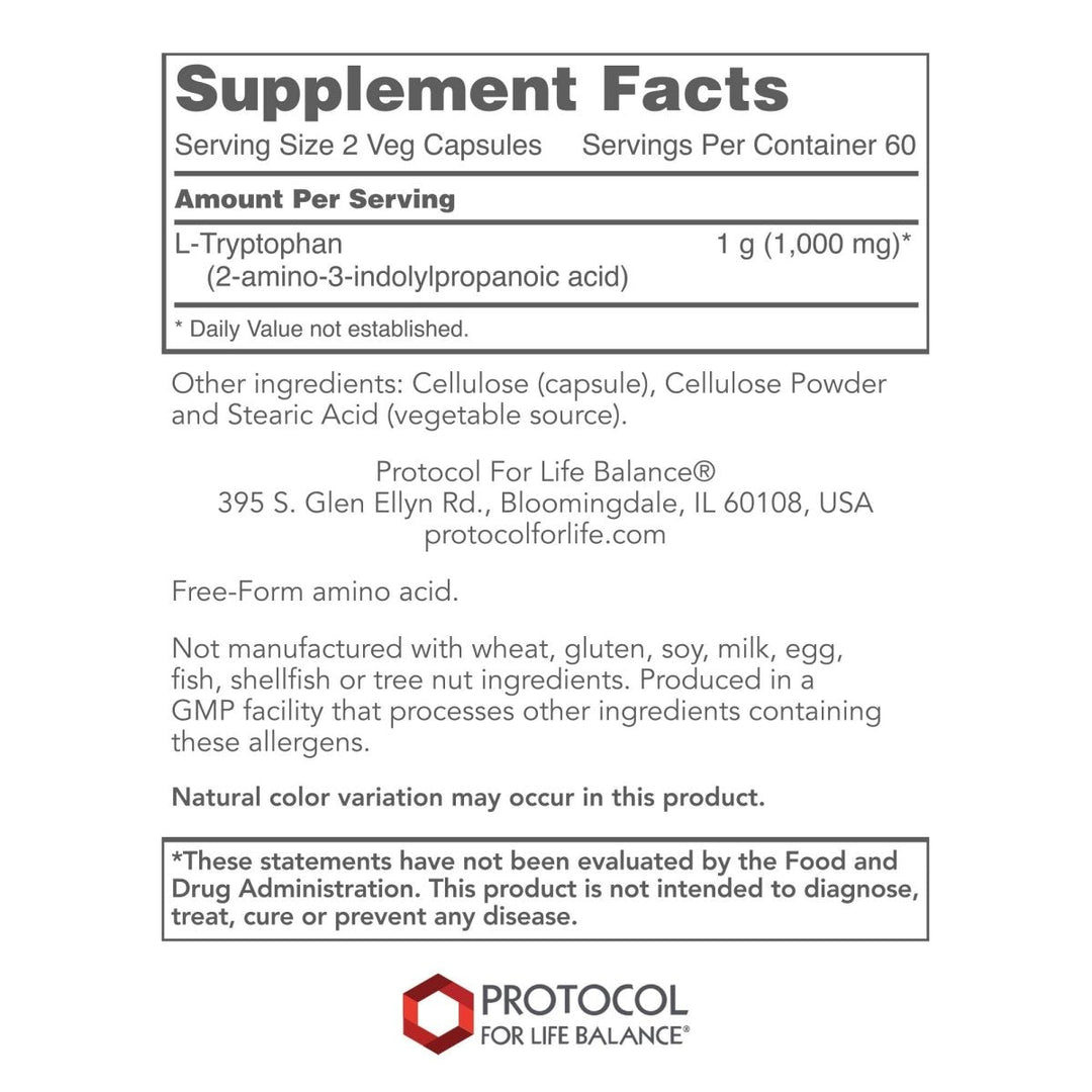 Protocol For Life Balance L-TryptoPhan 500 Mg 120 Vcaps - P0167 - Supplement Facts panel