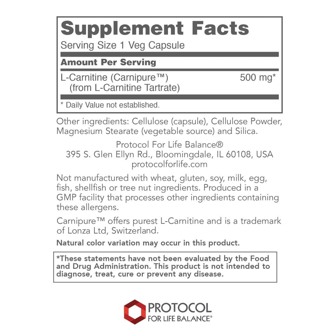 Protocol For Life Balance L-Carnitine 500 Mg 60 Vcaps - P0072 - Supplement Facts panel