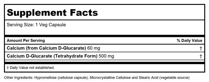 Protocol For Life Balance Calcium D-Glucarate 500 Mg 90 Vcaps - P3097 - Supplement Facts panel