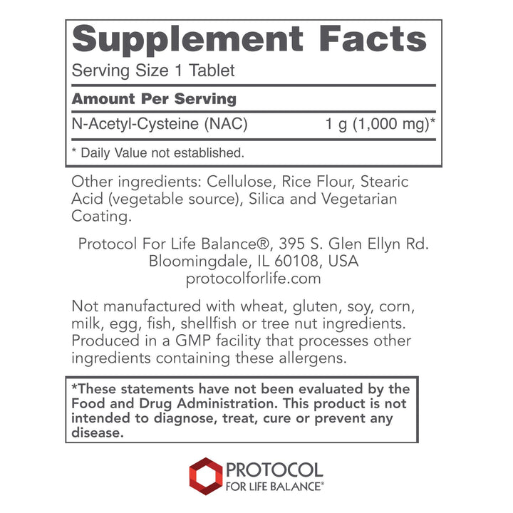 Protocol For Life Balance NAC (N-Acetyl Cysteine) 1000 Mg 120 Tablets - P0185 - Supplement Facts panel