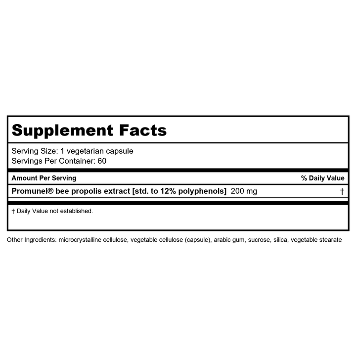 Progressive Labs Bee Propolis Standardized 60 Capsules - Supplement Facts panel