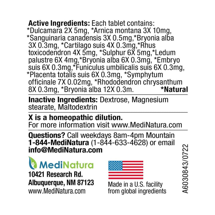 MediNatura T-Relief Arnica +12 Arthritis 100 Tablets - Supplement Facts panel