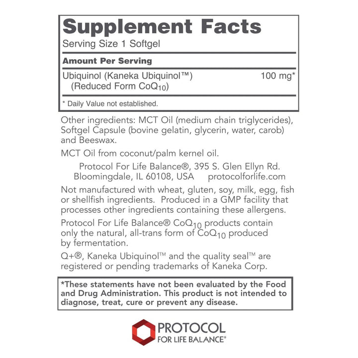 Protocol For Life Balance Ubiquinol 100 Mg 60 Softgels - P3142 - Supplement Facts panel