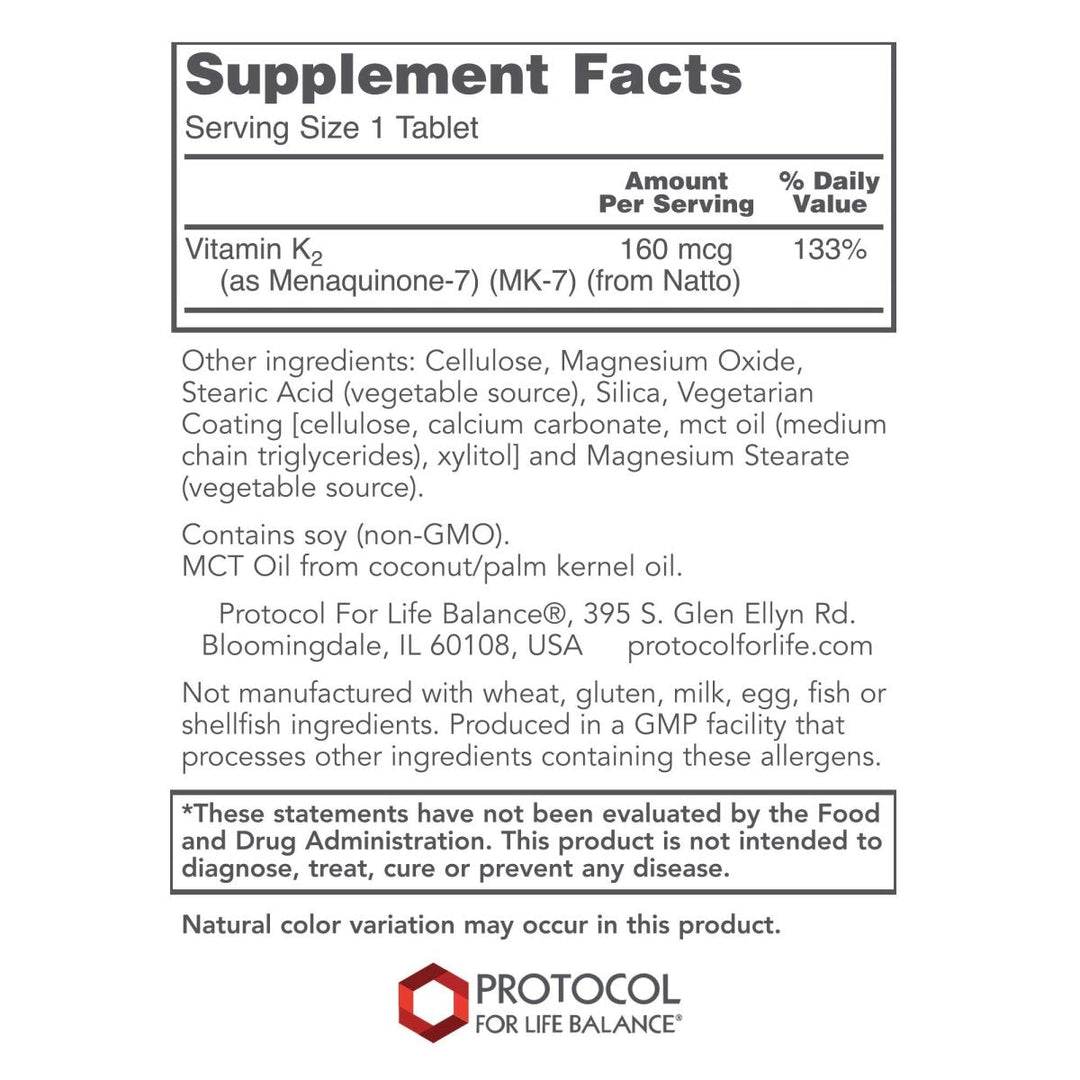 Protocol For Life Balance MK-7 Vitamin K2 160 mcg 60 Tablets - P0993 - Supplement Facts panel