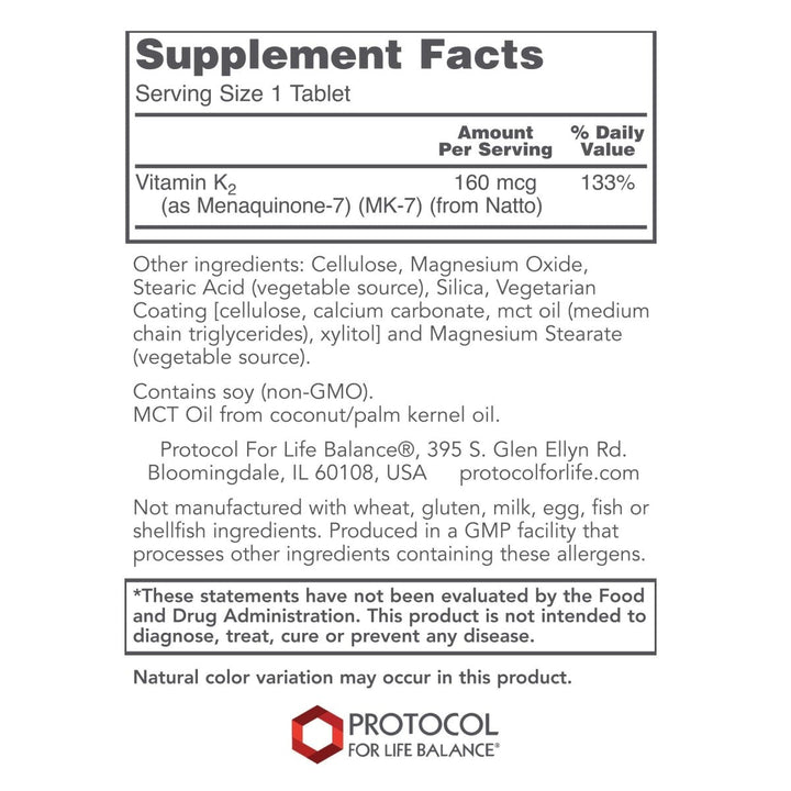 Protocol For Life Balance MK-7 Vitamin K2 160 mcg 60 Tablets - P0993 - Supplement Facts panel