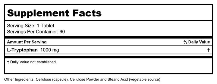 Protocol For Life Balance L-Tryptophan 1000 Mg 60 Tablets - P0169 - Supplement Facts panel