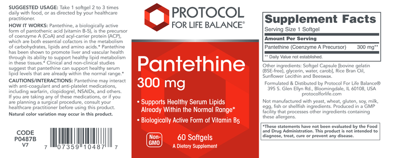 Protocol For Life Balance Pantethine 300 Mg 60 Softgels - P0487 - Supplement Facts panel