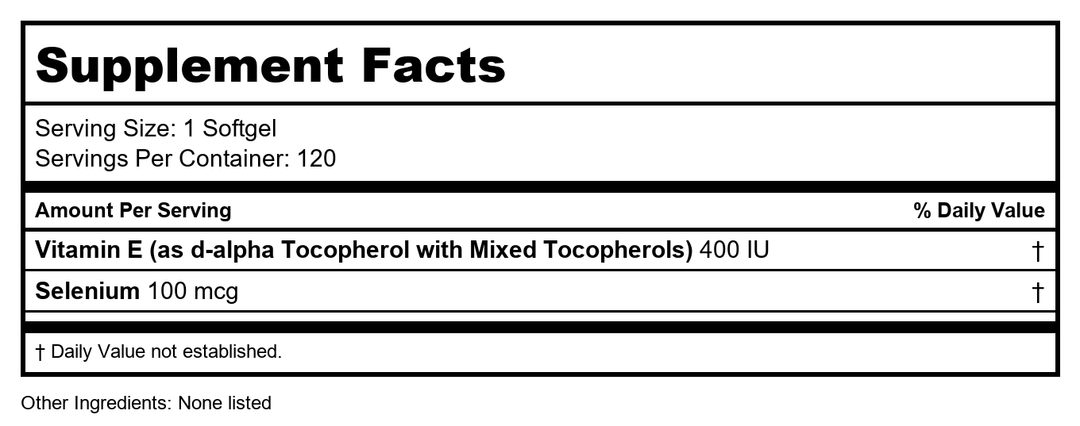 Protocol For Life Balance Natural E-400 MT Plus Selenium 120 Softgels - P0906 - Supplement Facts panel