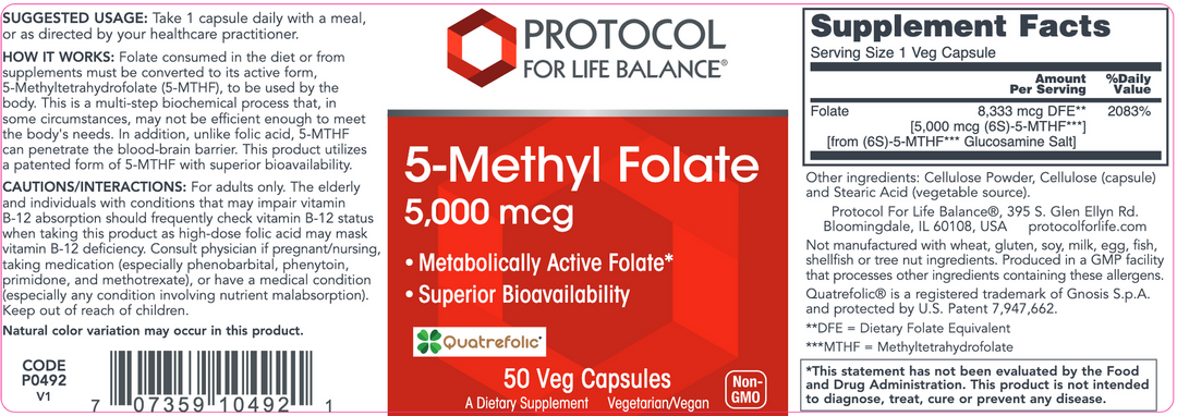 Protocol For Life Balance 5-Methyl Folate 5,000 mcg 50 Vcaps - P0492 - Supplement Facts panel