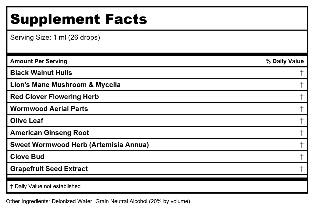 BioRay Artemisia and Clove 2oz - Supplement Facts panel