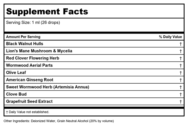 BioRay Artemisia and Clove 2oz - Supplement Facts panel
