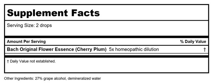Bach Cherry Plum 20mL - Supplement Facts panel