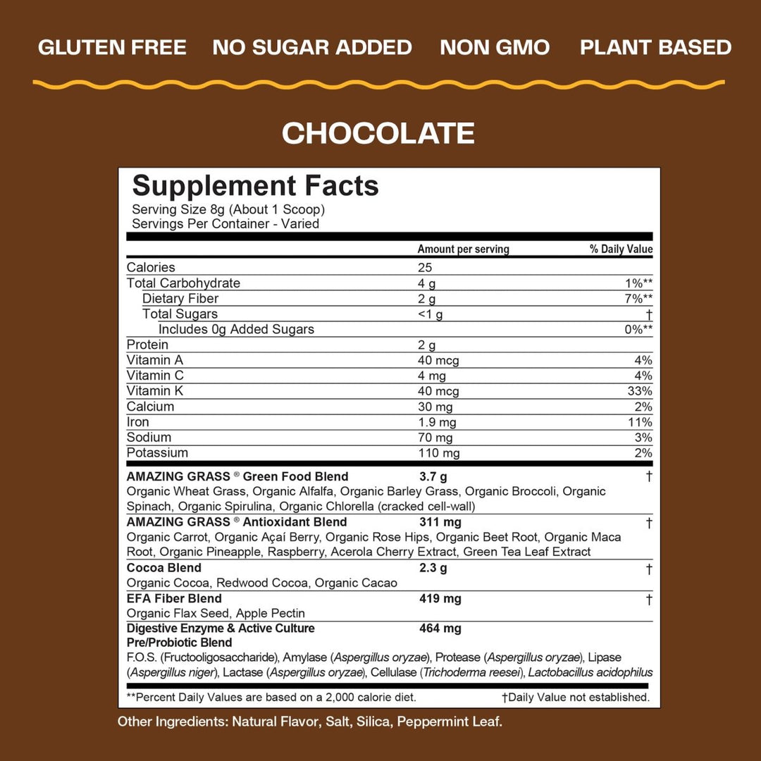 Amazing Grass Green Superfood Chocolate 28 oz 100 Servings - Supplement Facts panel