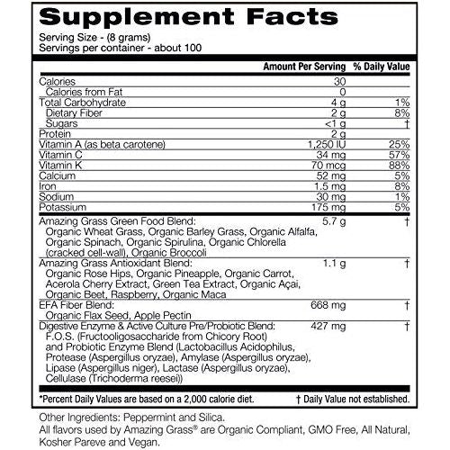 Amazing Grass Green Superfood Original 100 Servings 28 oz - Supplement Facts panel