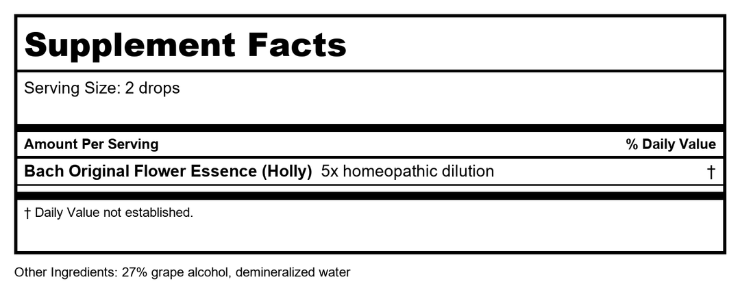 Bach Holly 20 mL - Supplement Facts panel