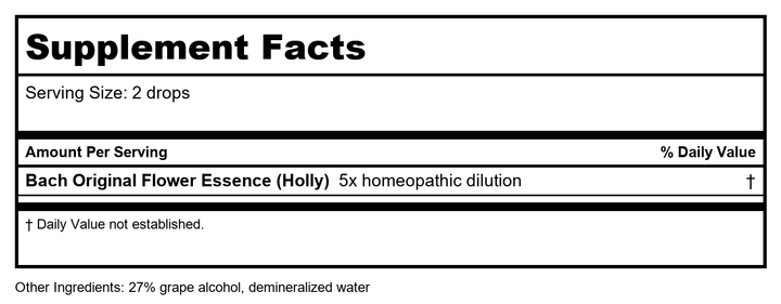 Bach Holly 20 mL - Supplement Facts panel