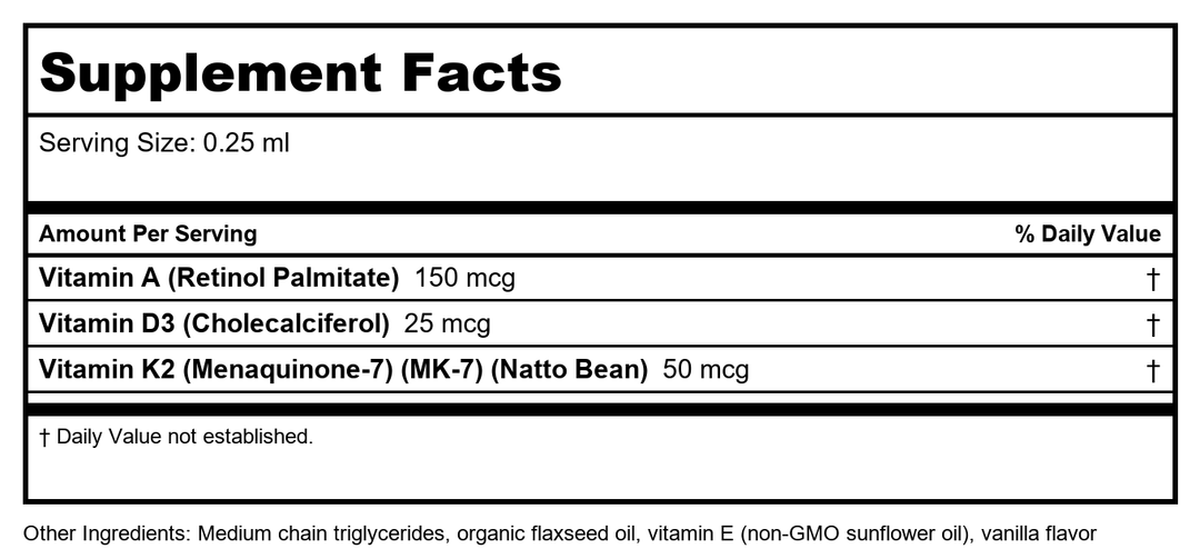 Bioclinic Naturals Vitamin K2, D3 &amp; A 1oz - Supplement Facts panel