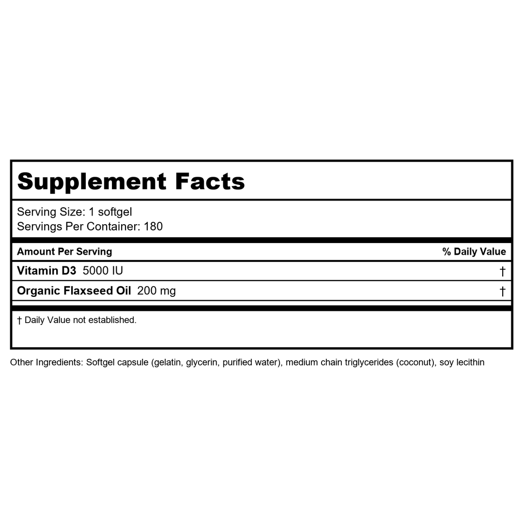 Bioclinic Naturals Vitamin D3 5000 IU 180 Softgels - Supplement Facts panel