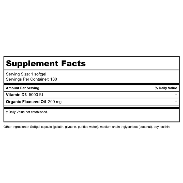 Bioclinic Naturals Vitamin D3 5000 IU 180 Softgels - Supplement Facts panel