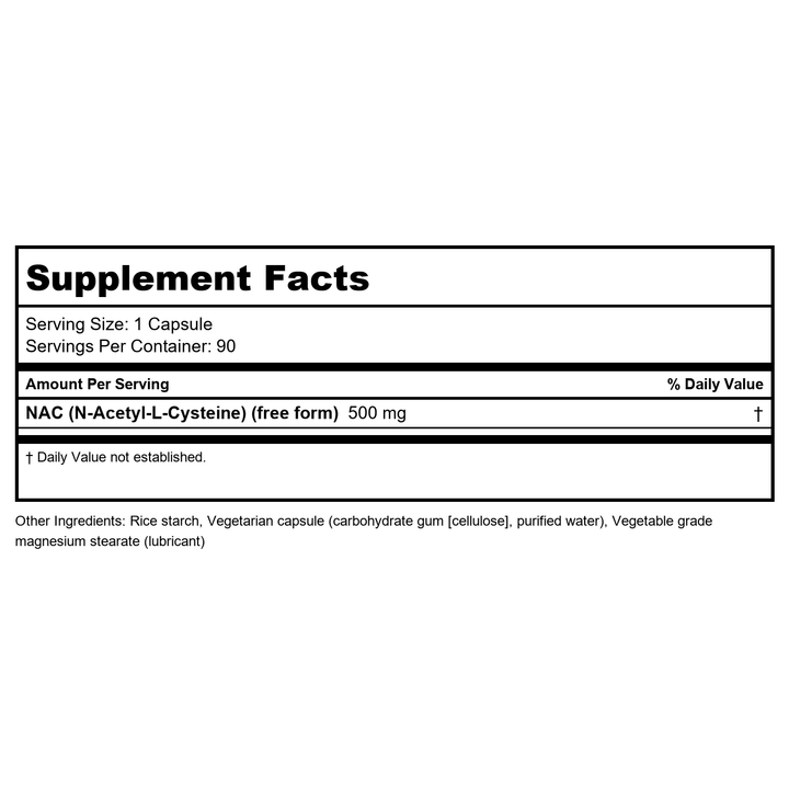Bioclinic Naturals NAC 500mg 90 Vcaps - Supplement Facts panel