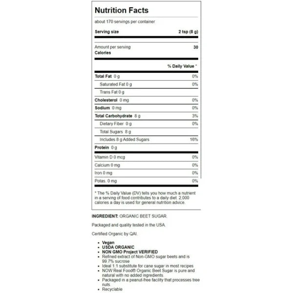 Now Real Food Beat Sugar Organic 3 Pounds - 6910 - 2 Pack - Supplement Facts panel