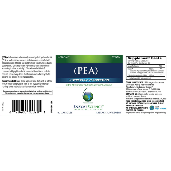 Enzyme Science (PEA)+ 120 Capsules - Supplement Facts panel