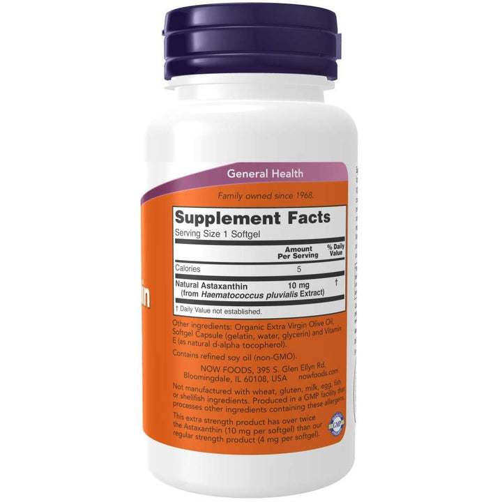 Now Foods Extra Strength Astaxanthin 10mg 60 Softgels - 2251 - Supplement Facts panel