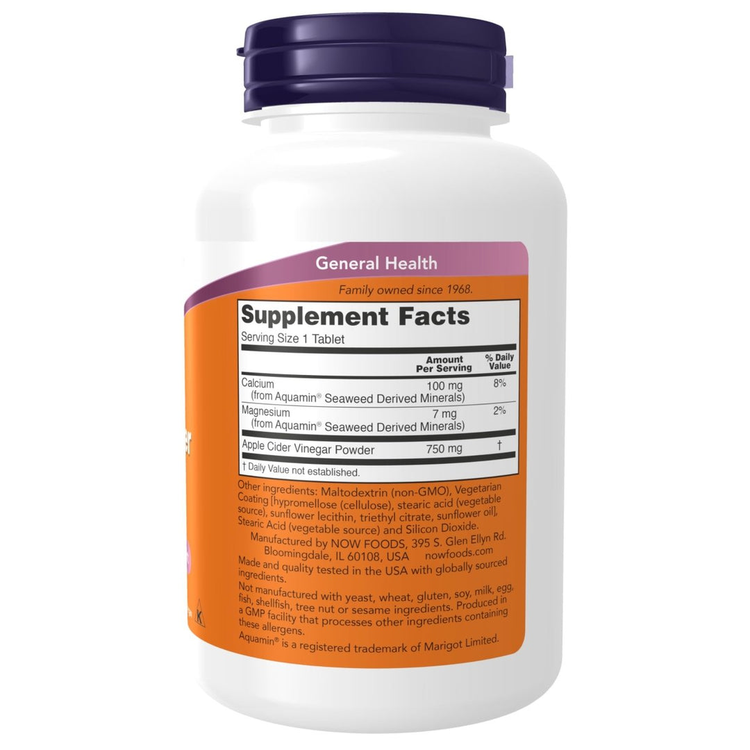 Now Foods Extra Strength Apple Cider Vinegar 750mg 180 Tablets - 3376 - Supplement Facts panel