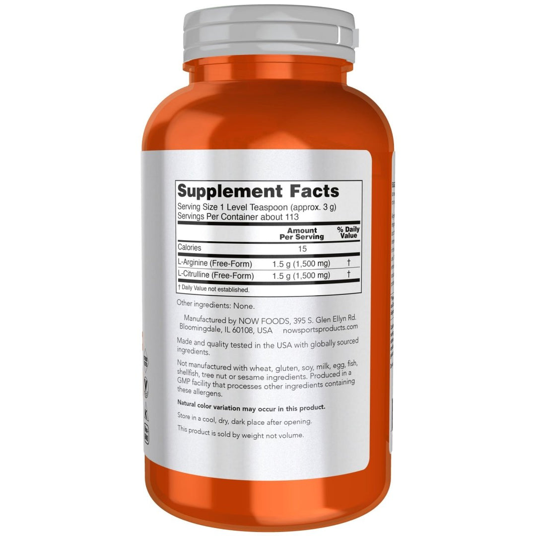 Now Sports Arginine &amp; Citrulline Powder 12oz - 0204 - Supplement Facts panel