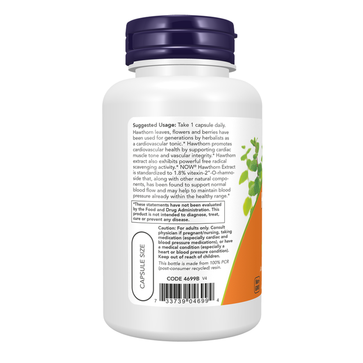 Now Foods Extra Strength Hawthorn Extract 600mg 90 Vcaps - 4699 - - Supplement Facts panel
