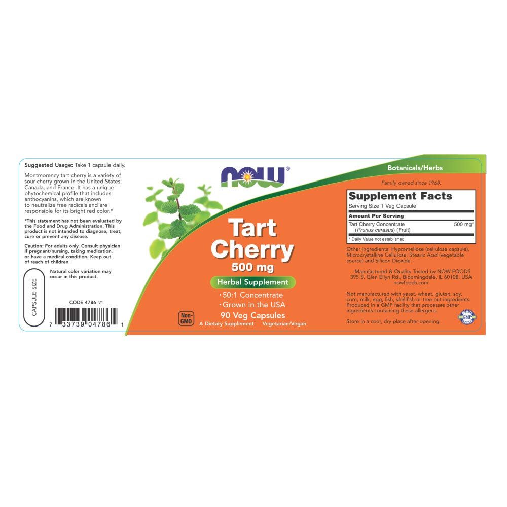 Now Foods Tart Cherry 500mg 90 Vcaps - 4786 - Supplement Facts panel