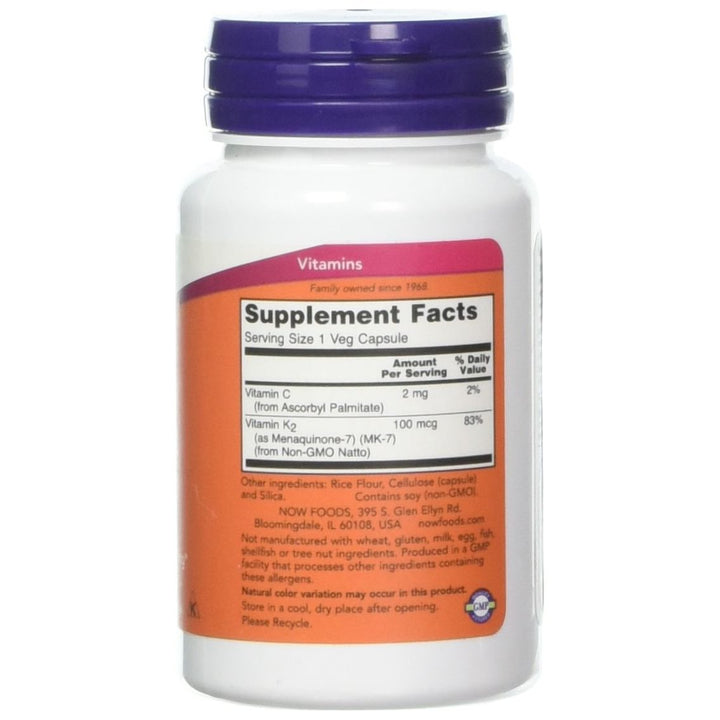 Now Foods MK-7 Vitamin K-2 100 mcg 60 Vcaps - 0992 - Supplement Facts panel