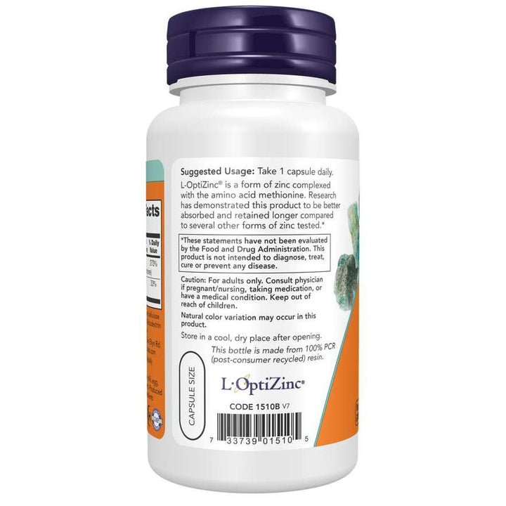 Now Foods L-OptiZinc 30mg 100 Vcaps - 1510 - Supplement Facts panel