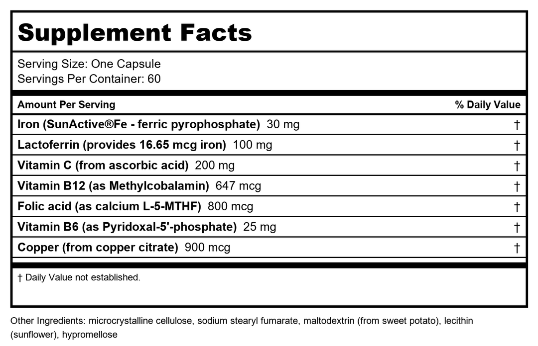 AOR Ortho Iron 60Vcaps - Supplement Facts panel