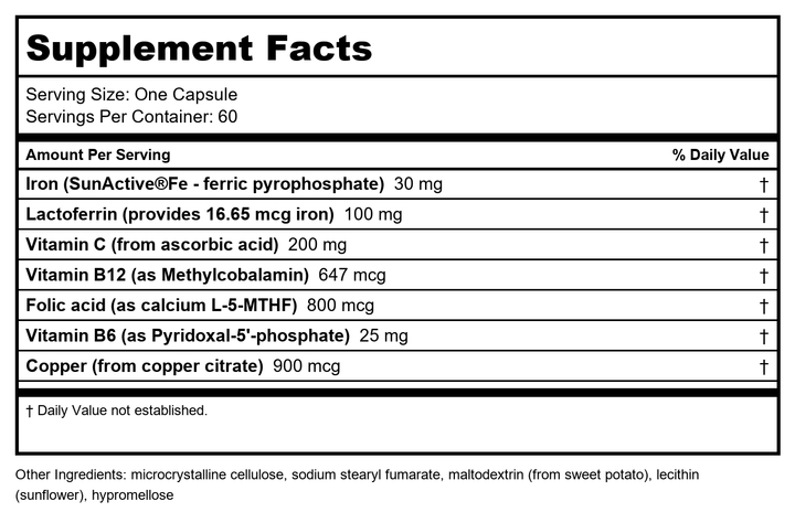 AOR Ortho Iron 60Vcaps - Supplement Facts panel