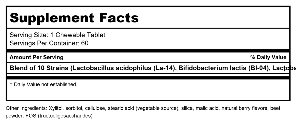 Now Foods BerryDophilus Kids 2 Billion 10 Strains 60 Chewables - 2936 - 2 Pack - Supplement Facts panel