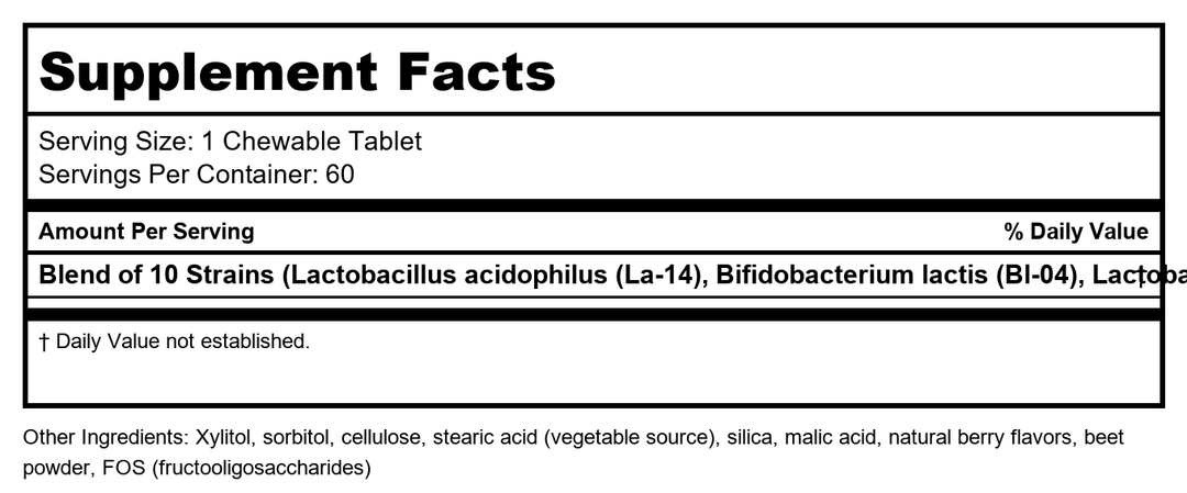 Now Foods BerryDophilus Kids 2 Billion 10 Strains 60 Chewables - 2936 - 2 Pack - Supplement Facts panel